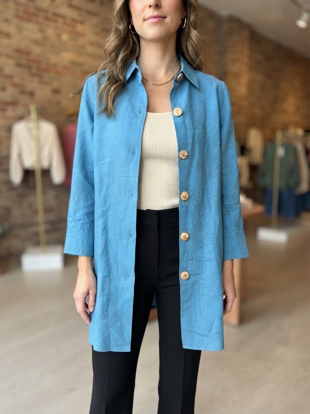 Vintage Light Blue Turquoise Linen Button-Down Shirt Jacket